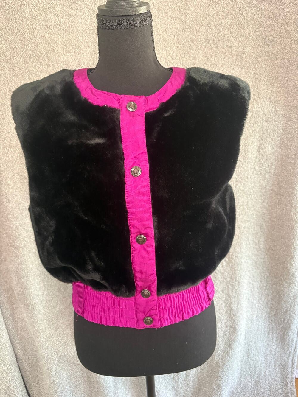Vintage FERA Faux Fur Jacket Sz 10 Black Pink Barbiecore 80s